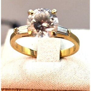 14K Gold Plated   Solitaire Ring With Round & Baguette Cubic Zirconia Stones Siz